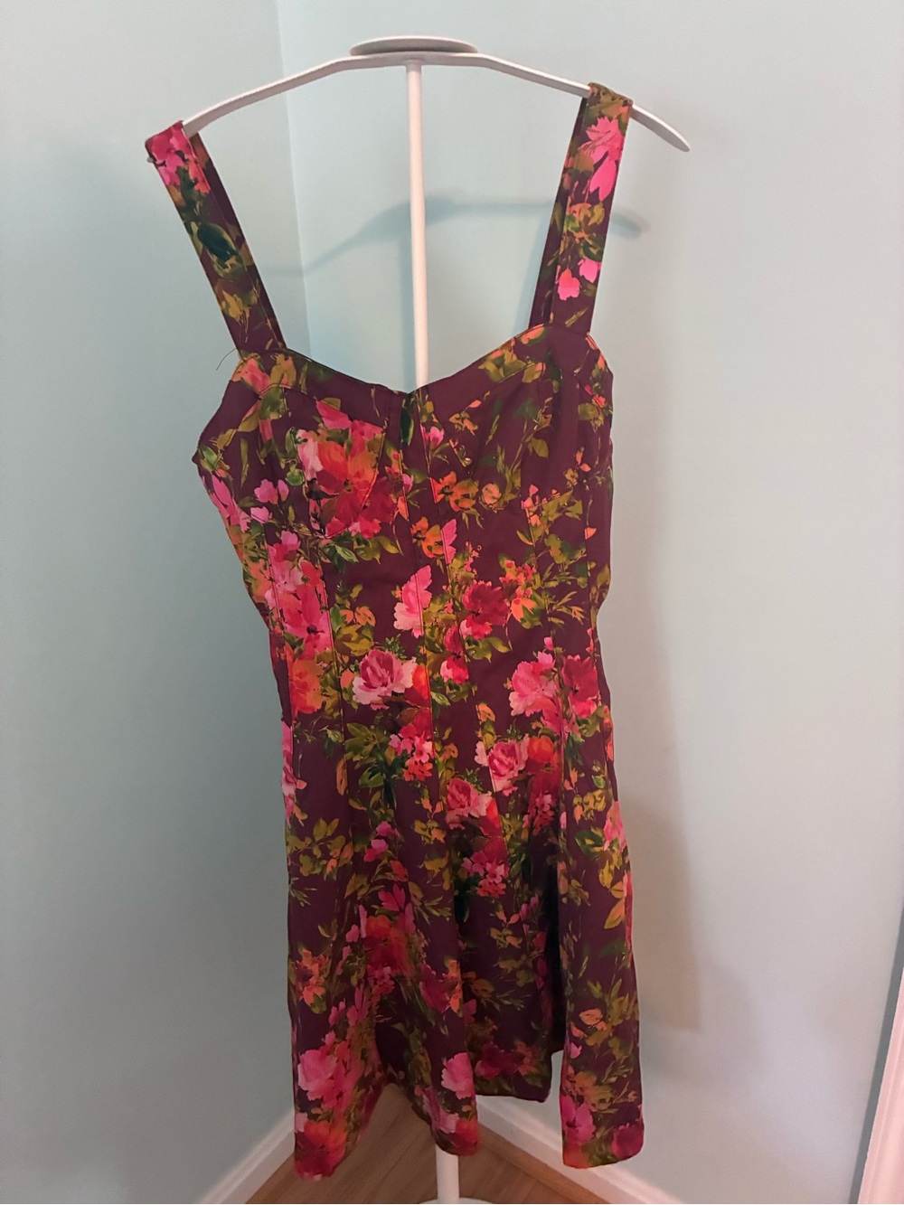 Avec Les Filles Burgundy Floral Mini Dress with Pink and Green Accents